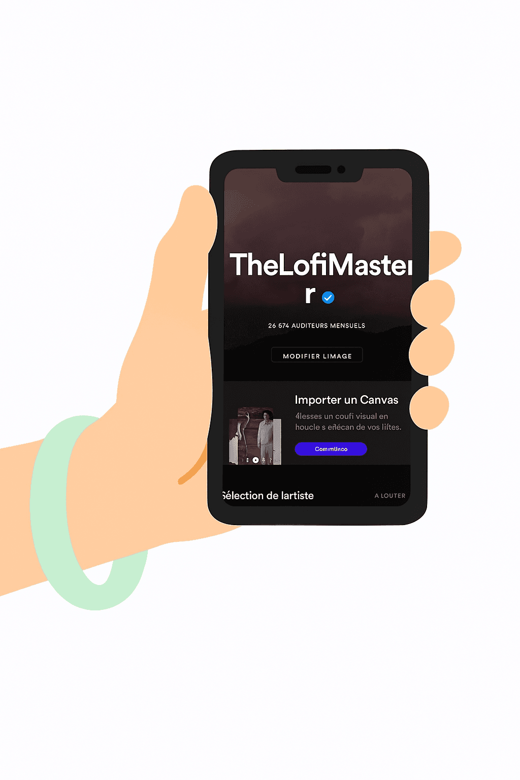 Smartphone montrant l'interface Spotify avec des statistiques en croissance